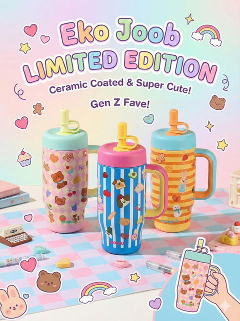 Eko Joob limited edition ceramic coated tumblers with colorful designs on a pastel background.