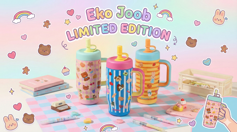 Eko Joob limited edition cups with colorful designs on a pastel background